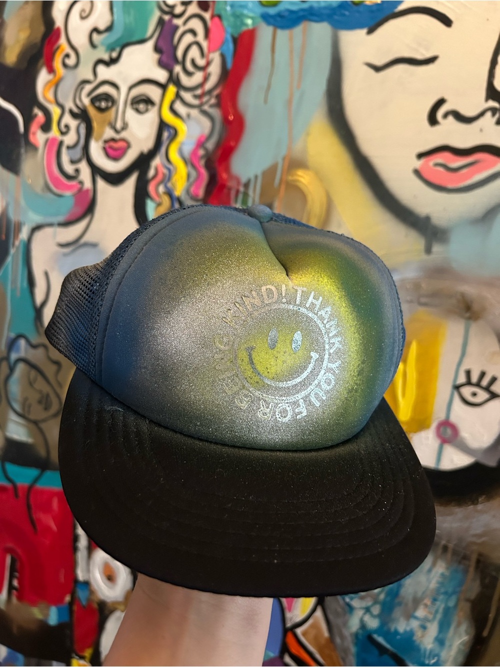 Smiley Face Spray Painted Foam Trucker Hat